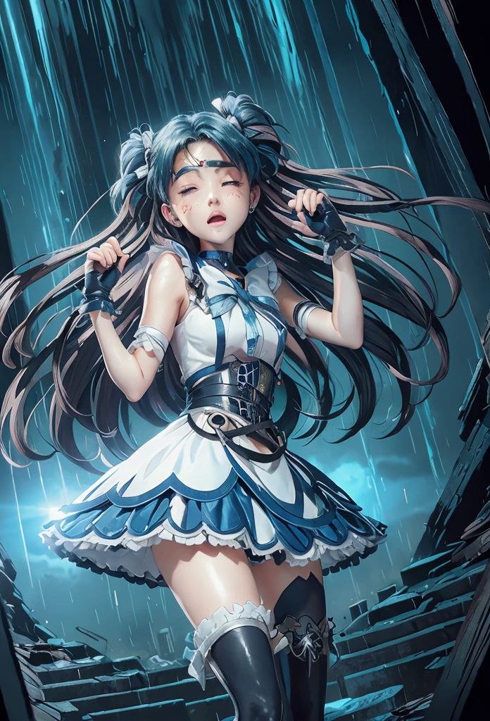 masterpiece, blushing, feeling pain, suffering from arm being bitten by enemy, dynamic and intense scene, background with sound waves, eyes closed,Highest quality, High resolution, Mercury 1, One girl, alone, Sailor Warrior Uniform, Sailor Mercury, Mizuno Ami,short hair, Blue Hair, Magical girl, blue eyes, Blue Skirt, Elbow hand pockets, tiara, Pleated skirt, Blue Sailor Collar, mini skirt, choker, blue choker, White gloves, Short Hair,  jewelry,  Earrings, Cowboy Shot,More detailed 8K.Unreal Engine:1.4,超High resolution,La Highest quality:1.4, Realistic:1.4, Skin Texture:1.4, masterpiece:1.8,first work, Highest quality,Object Object], (Detailed facial features:1.3),(Fine hand:1.4),(Apocalyptic destroyed cityscape:1.4)
