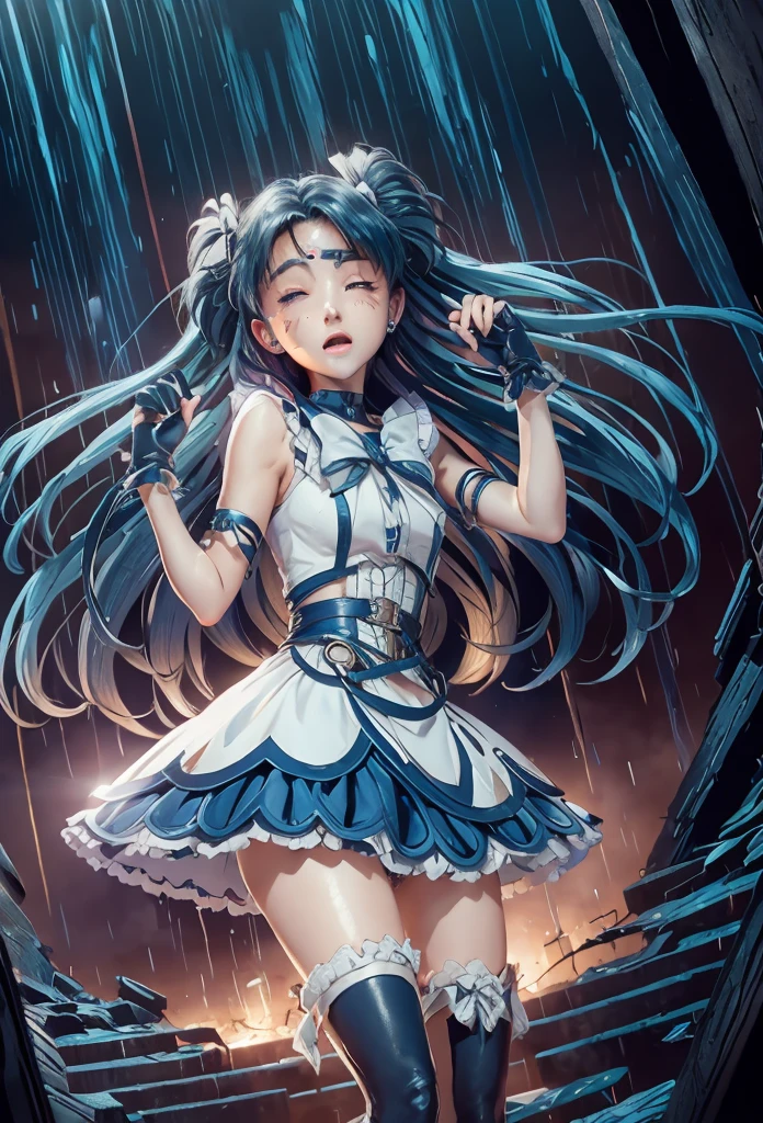 masterpiece, blushing, feeling pain, suffering from arm being bitten by enemy, dynamic and intense scene, background with sound waves, eyes closed,Highest quality, High resolution, Mercury 1, One girl, alone, Sailor Warrior Uniform, Sailor Mercury, Mizuno Ami,short hair, Blue Hair, Magical girl, blue eyes, Blue Skirt, Elbow hand pockets, tiara, Pleated skirt, Blue Sailor Collar, mini skirt, choker, blue choker, White gloves, Short Hair,  jewelry,  Earrings, Cowboy Shot,More detailed 8K.Unreal Engine:1.4,超High resolution,La Highest quality:1.4, Realistic:1.4, Skin Texture:1.4, masterpiece:1.8,first work, Highest quality,Object Object], (Detailed facial features:1.3),(Fine hand:1.4),(Apocalyptic destroyed cityscape:1.4)
