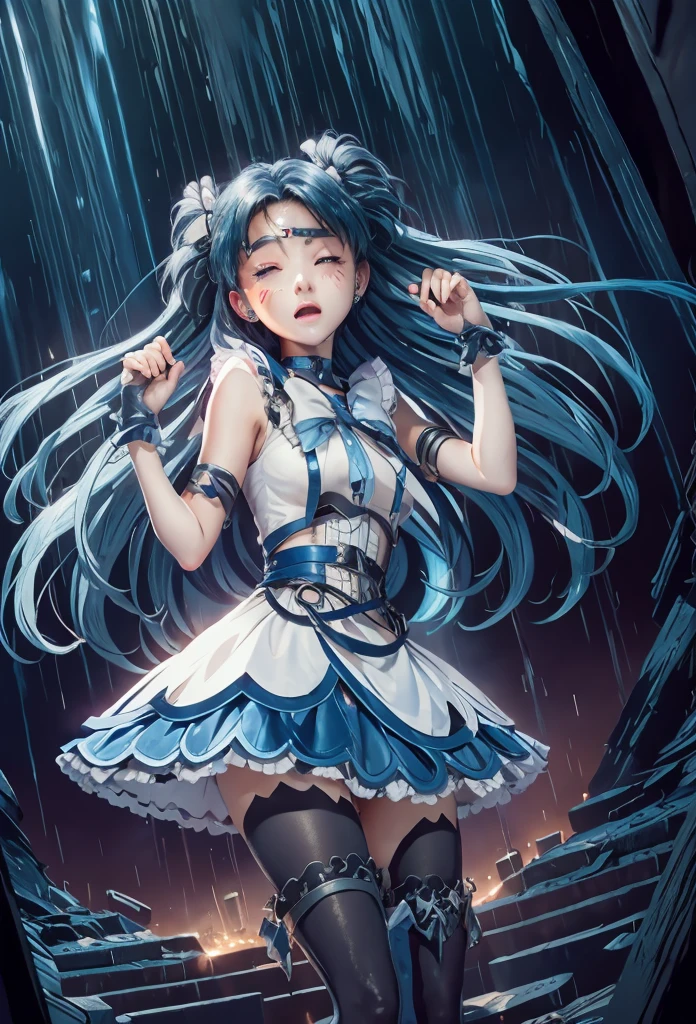 masterpiece, blushing, feeling pain, suffering from arm being bitten by enemy, dynamic and intense scene, background with sound waves, eyes closed,Highest quality, High resolution, Mercury 1, One girl, alone, Sailor Warrior Uniform, Sailor Mercury, Mizuno Ami,short hair, Blue Hair, Magical girl, blue eyes, Blue Skirt, Elbow hand pockets, tiara, Pleated skirt, Blue Sailor Collar, mini skirt, choker, blue choker, White gloves, Short Hair,  jewelry,  Earrings, Cowboy Shot,More detailed 8K.Unreal Engine:1.4,超High resolution,La Highest quality:1.4, Realistic:1.4, Skin Texture:1.4, masterpiece:1.8,first work, Highest quality,Object Object], (Detailed facial features:1.3),(Fine hand:1.4),(Apocalyptic destroyed cityscape:1.4)