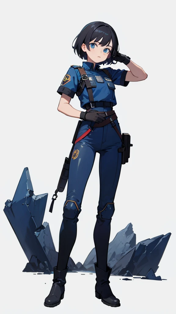 1,An android that resembles a human,Deep blue eyes,Short black hair,Dark blue uniform,Island symbol on chest,Red armband on right arm,gloves,Dark blue pants for easy movement,Many side pockets,Black leather boots,badge,White background,whole body,Character portrait,salute