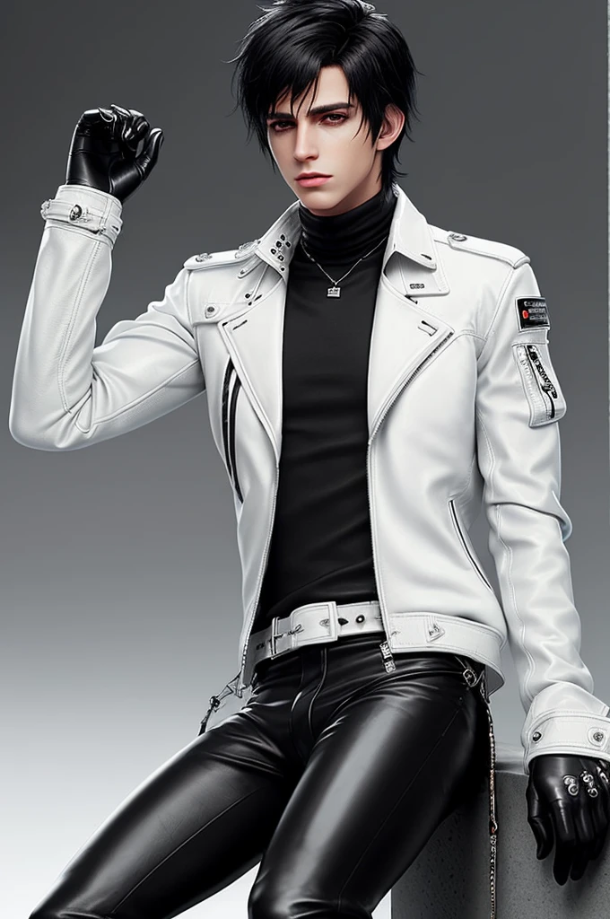 Final fantasy taste and reality graphics, Japanese young cute and cool ikemen boy, his age is early 20s, thin eyebrows and beady eyes, ((he wearing off white color leather thick material jacket)), ((jacket is singlebrest)), biker style jacket, with epaulet, jacket is long sleeve, ((must close the front of the leather jacket)), , ((voluminous leather jacket)), ,((must jacket is high length and stand-up collar)) ((jacket collar with two belts)), ((jacket is a little black color line pattern)),((close the front of the jacket)), ((also wearing black thick material turtleneck lackluster shirts)), ((tight black leather pants)), (( black leather tight and thin gloves)), ((black leather knee-high raceup boots)),((must views head-to-toe)),((must views whole body)), ,((Do not show skin from the neck down)),leather jacket leather glove and leather pants have few wrinkles,boy in the prison room, Avoid showing your innerwear,zip up jacket fastner.
Boy touching owns private parts with right hand.
Bous face is expression of ecstasy.
Boy is black hair.boy looks like fashion model.
