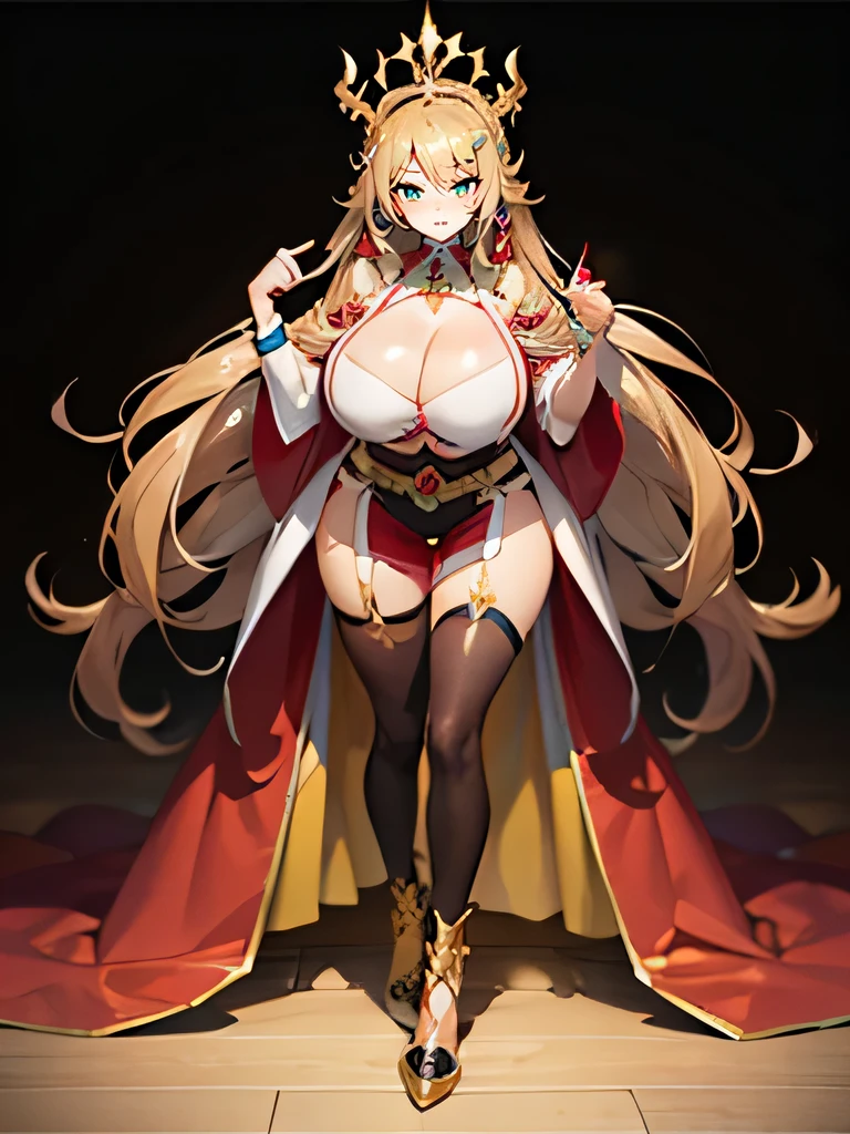 Good quality, Full body photo, 1 Female, hugeなおっぱい, huge , White skin, Pretty face, Yellow Eyes, Long Hair, Light brown hair, eyeliner, Red eyeshadow, Red lips, Red adventure suit, Gold earrings, Hiro Mashima's art style
