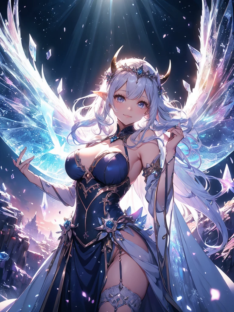最high quality、1 woman elf、Succubus、(( cowboy shot ))((underwear))'((low angle1.5 ))、beautiful瞳、tears、Raise your arms、Raise your arms behind your head、beautiful装飾、、Ice tiara、、A world made of ice、最high quality , fractal art.Ice Throne、ice World、bikini、beautiful胸、Large Breasts ((Laugh beautifully、))((Glowing ice ))SMqueen、beautiful顔、Orgasm、Ecstasy、全身beautiful装飾のストッキング、Devil's World、Ice crystals、Crystal of snow、Ice wall、ice World、Bigger on the front、 beautiful輝き,High-definition depiction, Realistic, 8k, Unity, beautiful太もも,,Giant Devil's Wings、虹colorに輝く翼、、 light smile, Beautifully and vividly drawn, , beautiful beautiful透き通る肌、輝くbeautiful装飾の魔法、Giant horns、 demon king、、beautiful装飾の角、 , beautiful、 Romanticism,mosquito。 混沌の最もbeautiful形, Mr..々color, Intertwined flowers, P article,Magical gentle light,smile,,image quality、masterpiece、beautiful顔、Super beautiful elf woman((Big breasted 22 year old office lady、Bust 120,Beautiful long ironed hair、Silver Hair、height: 165cm。、Esbian、、high quality、、Visual Arts、最high quality、1 woman elf NP: Worst quality ,beautiful fractal art 、frozen、、light、Beautiful radiance,High-definition depiction, Realistic, 8k, Unity, , light smile, Beautifully and vividly drawn, , Beautiful, beautiful, clear skin、 Countless rays of light pouring down, Swirling Light, big background, , Intense light is emitted from the magic circle in front of the girl. Romanticism,Cowboy Shot: 最high quality
