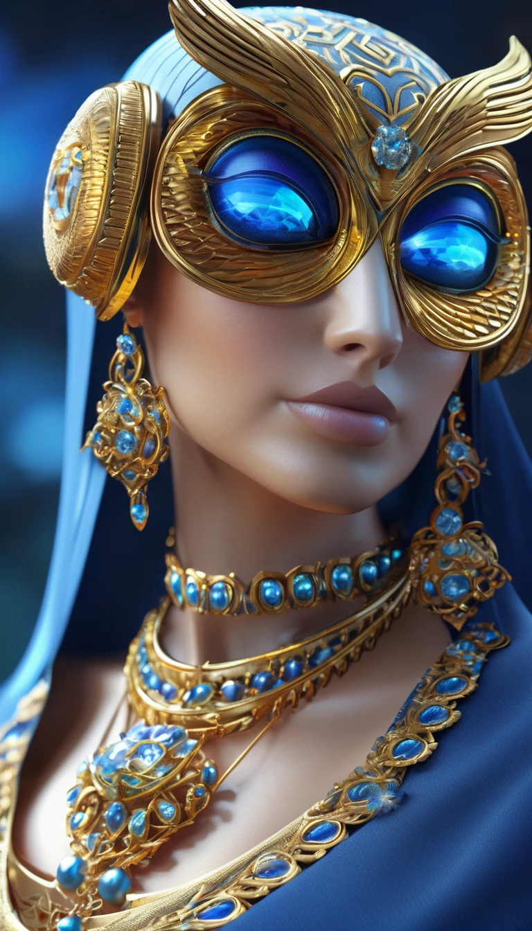 Blue eyed owl image, Unreal Engine Rendering, Very detailed , Bee Global Illumination, Exquisite and gorgeous jewelry, Popular trends on cgisociety, Motion Graphics, rossdraws Global Illumination, CG Society