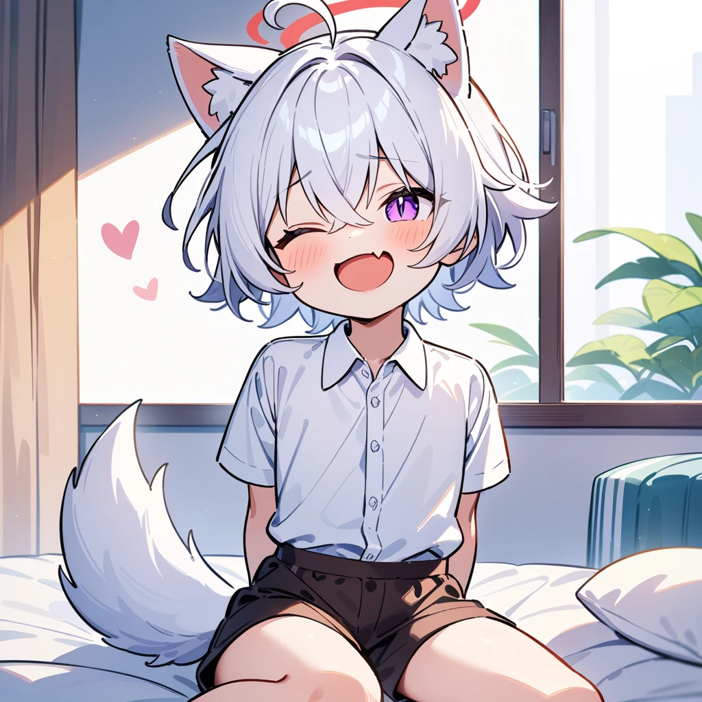 (masterpiece:1.2,high quality),4K,High resolution,A seven-year-old boy,cute boy, white hair,short hair,crossed bangs,purple eyes,slit pupils,one eye closed,heart ahoge,red halo,cat ears,laughing,skin fang,Wearing a white shirt,dark brown shorts,Sitting on the bed,Next to it is the window,curtain,primary school student,thigh,alone,dog tail,((Hands behind your back))