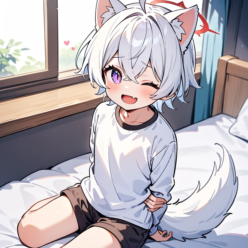 （masterpiece：1.2，high quality），4K，High resolution，A -year-boy，c boy， white hair，short hair，crossed bangs，purple eyes，slit pupils，one eye closed，heart ahoge，red halo，cat ears，laughing，skin fang，Wearing a white shirt，dark brown shorts，Sitting on the bed，Next to it is the window，curtain，primary scho，dog tail，((Hands behind your back))