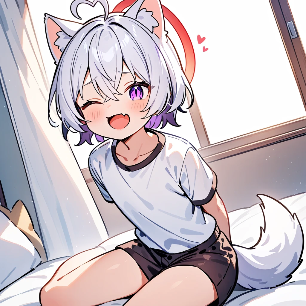(masterpiece:1.2,high quality),4K,High resolution,A seven-year-old boy,cute boy, white hair,short hair,crossed bangs,purple eyes,slit pupils,one eye closed,heart ahoge,red halo,cat ears,laughing,skin fang,Wearing a white shirt,dark brown shorts,Sitting on the bed,Next to it is the window,curtain,primary school student,thigh,alone,dog tail,((Hands behind your back))