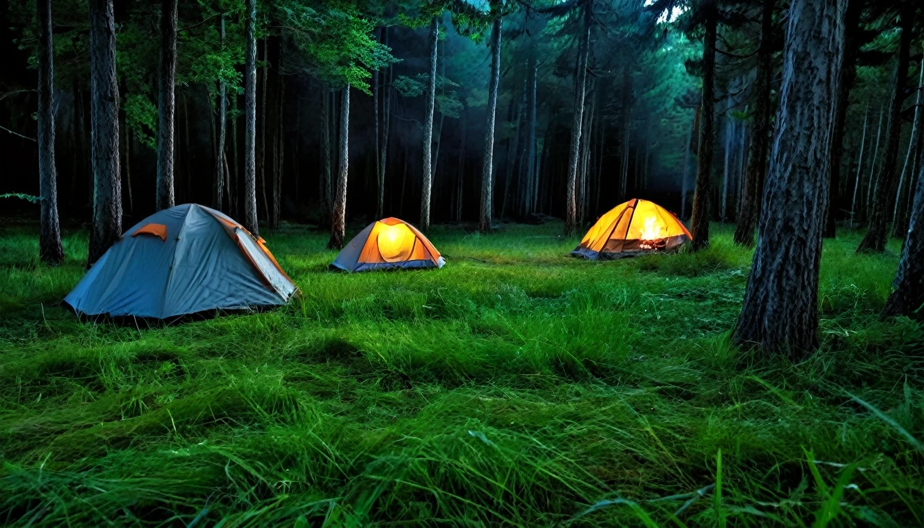 scary forest, two lonely camping tents in the grass between the trees, bonfire, dark night, tense atmosphere