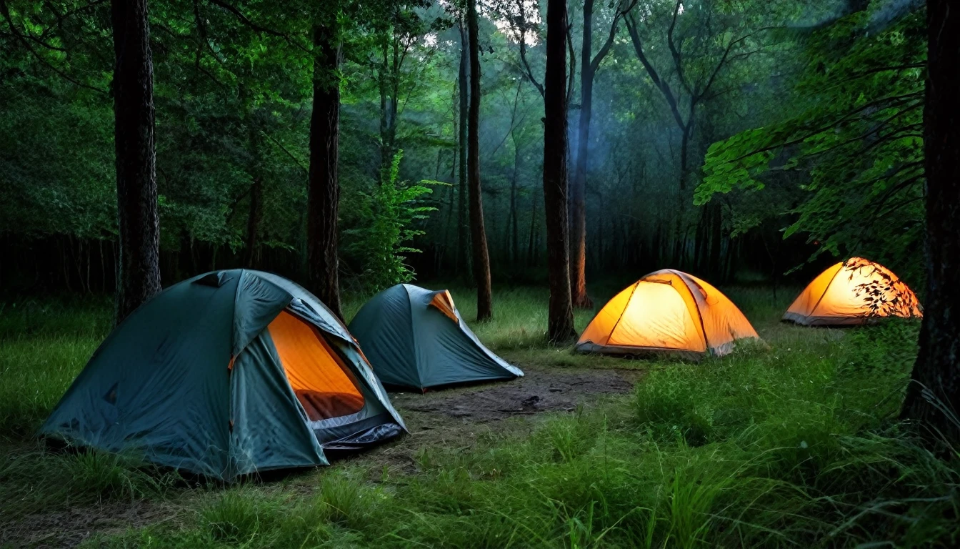 scary forest, two camping tents in the grass between the trees, bonfire, dark night, tense atmosphere