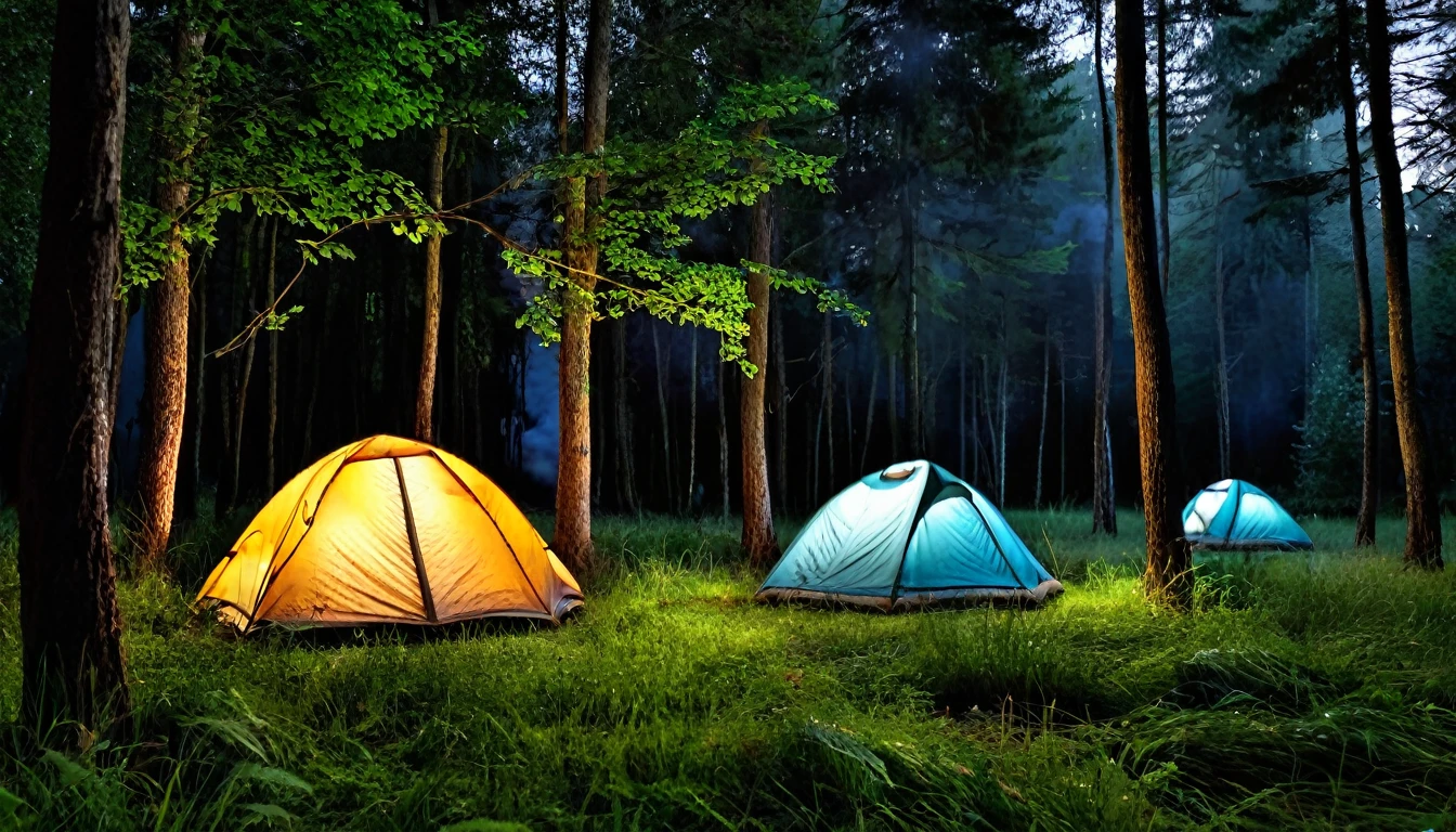scary forest, two camping tents in the grass between the trees, bonfire, dark night, tense atmosphere