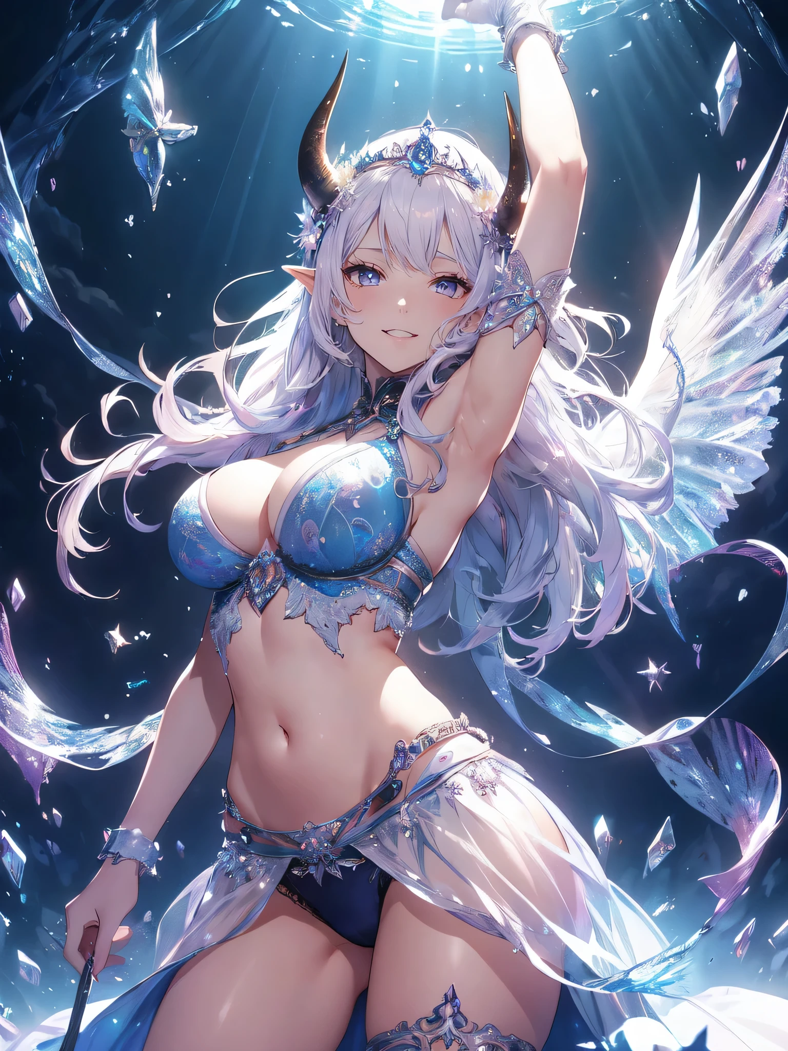 最high quality、1 woman elf、Succubus、(( cowboy shot ))((underwear))'((low angle1.5 ))、Beautiful eyes、tears、Raise your arms behind your head、Beautiful decoration、、Ice tiara、、A world made of ice、最high quality , fractal art.Ice Throne、ice World、比基尼、Beautiful breasts、Large Breasts　((Laugh beautifully、))((Glowing ice　))SMqueen、Beautiful face、orgasm、Ecstasy、全身Beautiful decorationのストッキング、Devil's World、Ice crystals、Crystal of snow、Ice wall、ice World、Bigger on the front、 Beautiful shine,High-definition depiction, Realistic, 8k, Unity, Beautiful thighs,,Giant Devil's Wings、虹Farbeに輝く翼、、 light smile, Beautifully and vividly drawn, , beautiful beautiful透き通る肌、輝くBeautiful decorationの魔法、Giant horns、  demon king、、Beautiful decorationの角、 , beautiful、 Romanticism,mosquito。 The most beautiful form of chaos, Mr..々Farbe, Intertwined flowers, P article,Magical gentle light,smile,,image quality、masterpiece、Beautiful face、Super beautiful elf woman((Big breasted 22 year old office lady、Bust 120,Beautiful long ironed hair、Silver Hair、height: 165cm。、Esbian、、high quality、、Visual Arts、最high quality、1 woman elf NP: Worst quality ,beautiful fractal art　、frozen、、light、Beautiful radiance,High-definition depiction, Realistic, 8k, Unity, , light smile, Beautifully and vividly drawn, , Beautiful, beautiful, clear skin、 Countless rays of light pouring down, Swirling Light, big background, , Intense light is emitted from the magic circle in front of the girl. Romanticism,Cowboy Shot:  最high quality　　