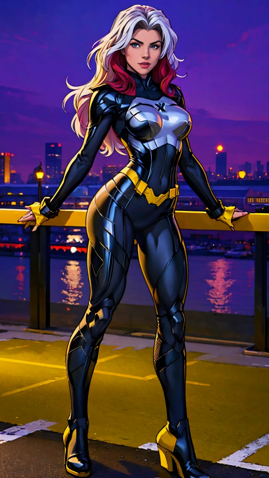 ((Full body photo, standing, feet on the ground)) (best quality, 4k, 8k, high resolution, masterpiece: 1,2), ultra-detailed, fishnet tights, (realistic, photorealistic, photorealistic: 1, 37), full body photo, Rogue, X-Men, yellow high boots, beauty pose, standing, show feet, outside, city roof at night, gold and black and white uniform