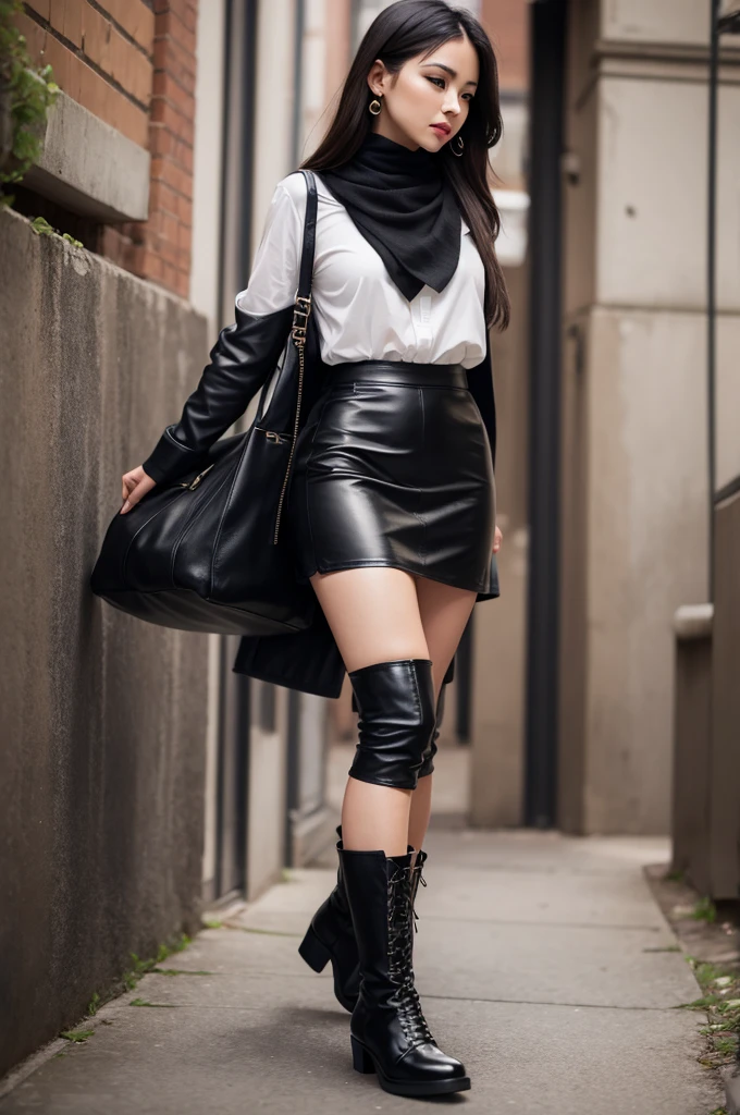A woman wearing a leather skirt and black boots