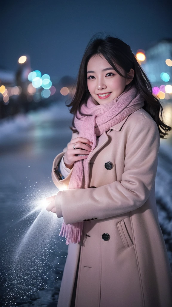 (Highest quality、masterpiece、8k、Best image quality、Hyperrealism、Award-winning works)、1 girl、(Elegant fur coat:1.1)、(The perfect pink scarf:1.1)、Soft and delicate light、Dramatic lighting、Romantic snowy night city、Romantic Christmas illuminations、Beautiful night view of a snowy city、The biggest smile looks at me、Sparkling fine snow、Beautiful snow reflecting light、Diamond dust、(Tyndall effect:1.1)、Beautiful snowy scenery、(that'it's snowing:1.1)、(Snow in the hair:1.1)、Accurate anatomy、(Face close-up:1.1)、Beautiful glossy lipstick, Natural Color、Natural Makeup、Glossy Lips、Ultra HD glossy skin、ultra high definition radiation, Beautiful Skin、Milky white moisturized skin、Beautiful Skin glow、超高精細のGlossy Lips、Ultra-high definition sparkling eyes、Beautiful perfect teeth in super high resolution、Please smile widely and show your beautiful teeth.