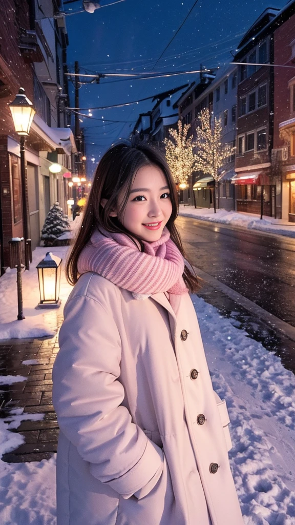 (Highest quality、masterpiece、8k、Best image quality、Hyperrealism、Award-winning works)、1 girl、(Elegant fur coat:1.1)、(The perfect pink scarf:1.1)、Soft and delicate light、Dramatic lighting、Romantic snowy night city、Romantic Christmas illuminations、Beautiful night view of a snowy city、The biggest smile looks at me、Sparkling fine snow、Beautiful snow reflecting light、Diamond dust、(Tyndall effect:1.1)、Beautiful snowy scenery、(that'it's snowing:1.1)、(Snow in the hair:1.1)、Accurate anatomy、(Face close-up:1.1)、Beautiful glossy lipstick, Natural Color、Natural Makeup、Glossy Lips、Ultra HD glossy skin、ultra high definition radiation, Beautiful Skin、Milky white moisturized skin、Beautiful Skin glow、超高精細のGlossy Lips、Ultra-high definition sparkling eyes、Beautiful perfect teeth in super high resolution、Please smile widely and show your beautiful teeth.