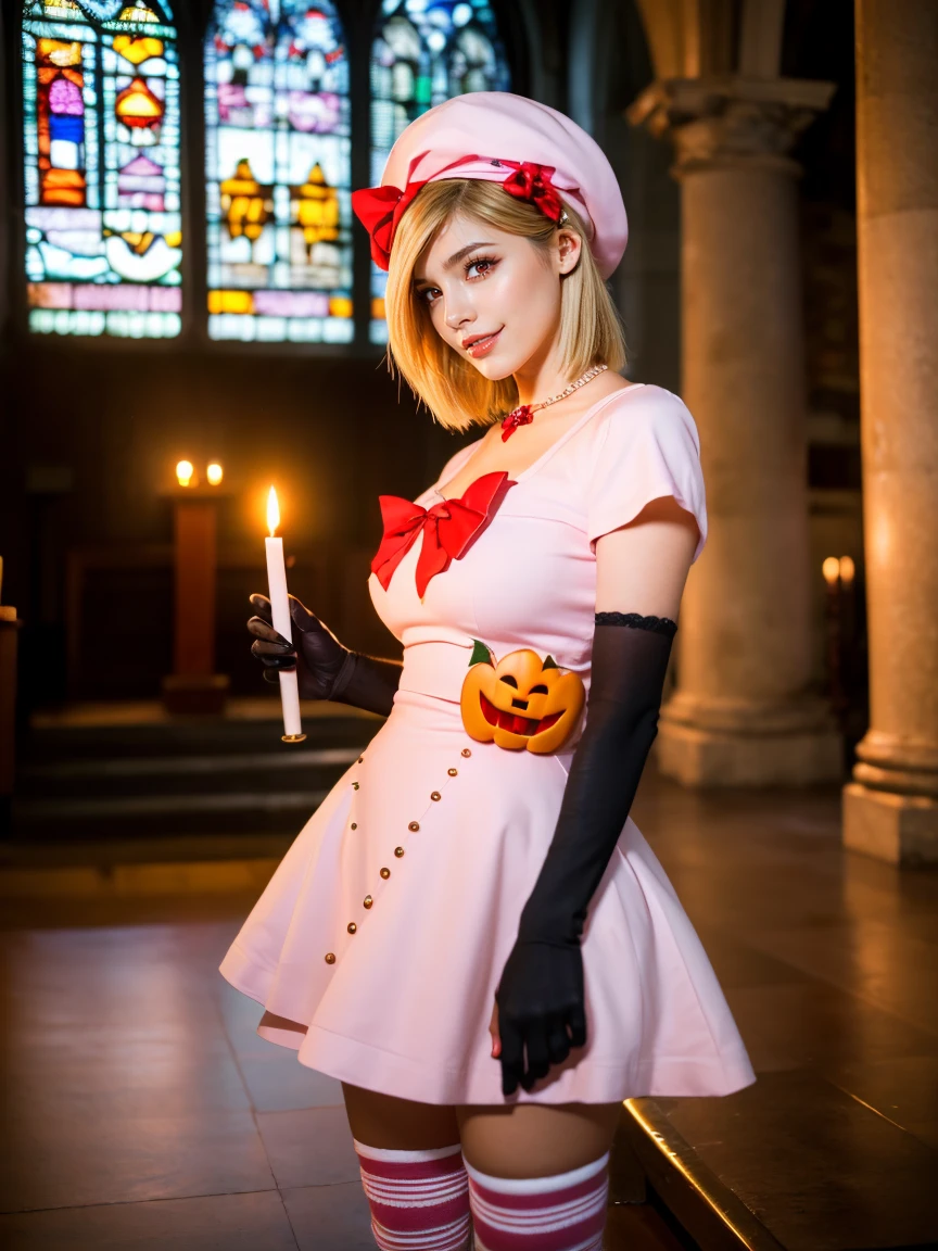 (1 lady), The beautiful, (Best quality at best:1.4), (ultra - detailed), (extremely detailed CG unified 16k), gold blonde hair, very detailed, High-definition RAW color photo, professional photoshooting, amazing face and eyes, cosmetics, (amazingly beautiful girl), ((lambdadelta, tall woman, taller)), ((dress, shoes bow, red shoes, striped stockings, red bow, pink hat, necklace, gloves, pearl, pumpkin brooch, pink dress)), standing, sexyposture，(Dark and stylish cathedral, stained glass, altar, before the altar, candle lights, candle lights:1.3), (look from down), realistic cinematic face, head to feet long wide zoomed out view, full body long view, photorealistic, ((realistic natural blonde hair style, honey eyes)), gorgeous, extremely beautiful face, perfect model beauty, pout mouth, flirting smile, cleavages, city girl, western, shopping in the city, (masterpiece), best quality, high resolution, extremely detailed, blurred background, depth of field, cinematic lighting, (amazing legs, strong legs, athletic legs), high heels, clear and well-cared skin