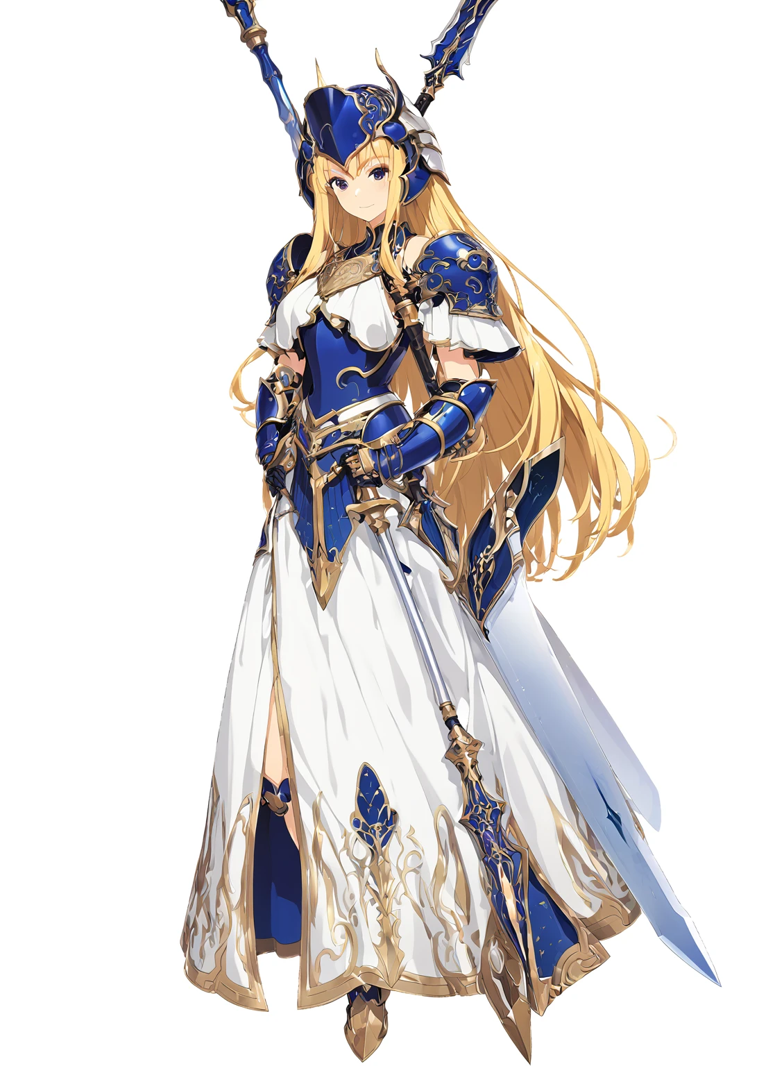 high quality, high resolution, high qualityのゲームアートスタイル, whole body,valkyrie,perfect hand,Official Art, Smooth game CG art, Visual Novel Sprites, White background,Smooth game CG art, (((Woman with a long spear))),Woman wearing a white dress and blue armor, An intricately designed helmet with white feathers,Small shield, (((In his right hand he holds an elaborate long spear))),Exquisite Blue Armor,Golden Hair, long hair, female knight, Rin々Shii,Large Bust,20-year-old,