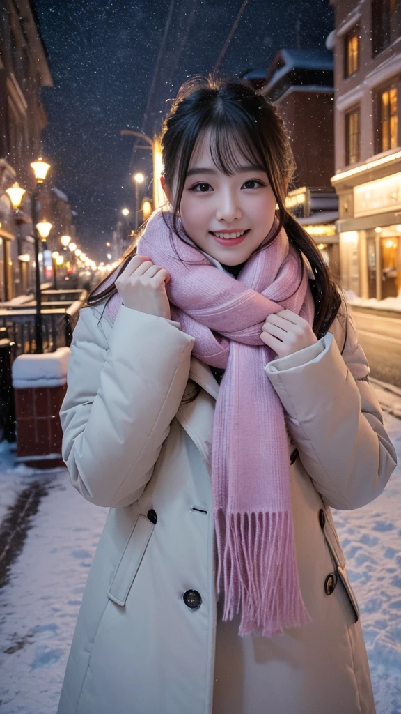 (Highest quality、masterpiece、8k、Best image quality、Hyperrealism、Award-winning works)、1 girl、(Elegant fur coat:1.1)、(The perfect pink scarf:1.1)、Soft and delicate light、Dramatic lighting、Romantic snowy night city、Romantic Christmas illuminations、Beautiful night view of a snowy city、The biggest smile looks at me、Sparkling fine snow、Beautiful snow reflecting light、Diamond dust、(Tyndall effect:1.1)、Beautiful snowy scenery、(that'it's snowing:1.1)、(Snow in the hair:1.1)、Accurate anatomy、(Face close-up:1.1)、Beautiful glossy lipstick, Natural Color、Natural Makeup、Glossy Lips、Ultra HD glossy skin、ultra high definition radiation, Beautiful Skin、Milky white moisturized skin、Beautiful Skin glow、超高精細のGlossy Lips、Ultra-high definition sparkling eyes、Beautiful perfect teeth in super high resolution、Please smile widely and show your beautiful teeth.