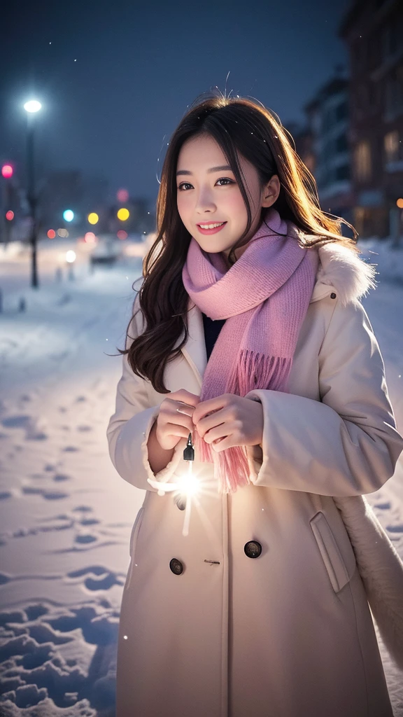 (Highest quality、masterpiece、8k、Best image quality、Hyperrealism、Award-winning works)、1 girl、(Elegant fur coat:1.1)、(The perfect pink scarf:1.1)、Soft and delicate light、Dramatic lighting、Romantic snowy night city、Romantic Christmas illuminations、Beautiful night view of a snowy city、The biggest smile looks at me、Sparkling fine snow、Beautiful snow reflecting light、Diamond dust、(Tyndall effect:1.1)、Beautiful snowy scenery、(that'it's snowing:1.1)、(Snow in the hair:1.1)、Accurate anatomy、(Face close-up:1.1)、Beautiful glossy lipstick, Natural Color、Natural Makeup、Glossy Lips、Ultra HD glossy skin、ultra high definition radiation, Beautiful Skin、Milky white moisturized skin、Beautiful Skin glow、超高精細のGlossy Lips、Ultra-high definition sparkling eyes、Beautiful perfect teeth in super high resolution、Please smile widely and show your beautiful teeth.