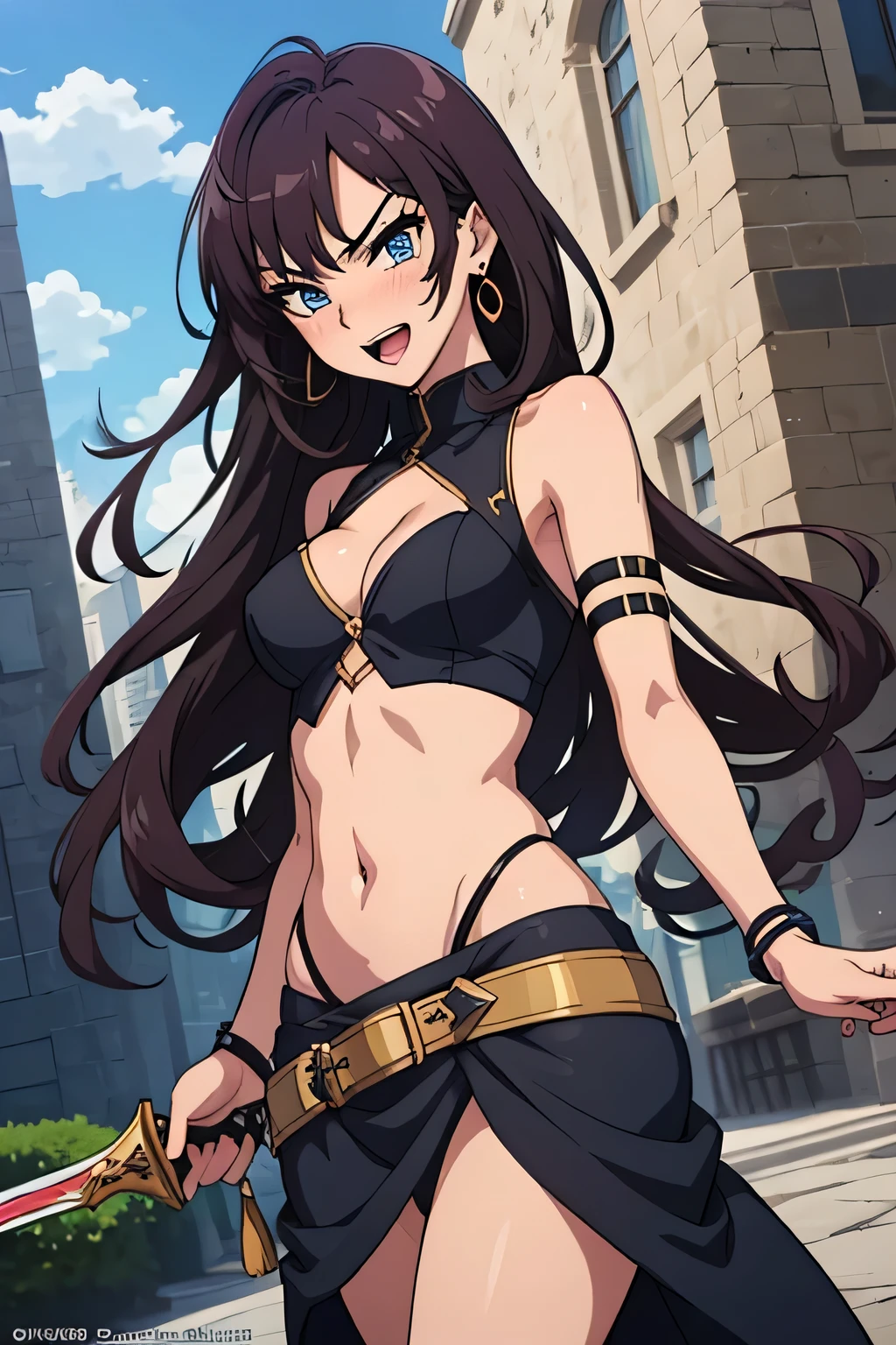 ichinose_shiki, blue eyes, (medium breasts:1.5), wavy hair, brown hair, (purple hair:0.5), large breast, earrings, jewelry, long hair, blush, lipstick, Hot girl, baddie, staring, glaring, bad attitude, mean girl, dare, angry, hate, crazy, smoking, sensual, attractive, jewelry, earrings, masterpiece, best quality, highly detailed, fantasy , a anime girls in armored dress holding a sword
posing for a picture, evil smile, smile, open mouth, breastplate with open cleavage, cleavage, warrior
outfit, ecchi anime style, anime girls, ecchi style, (nsfw) not safe for work, ecchi, digital anime art!!, in
anime style, official artwork, visual novel cg, beautiful anime girl, anime style 4 k , loincloth, exposed
belly, exposed navel, exposed midriff, exposed lower belly, pencil skirt armored, castle,inside castle