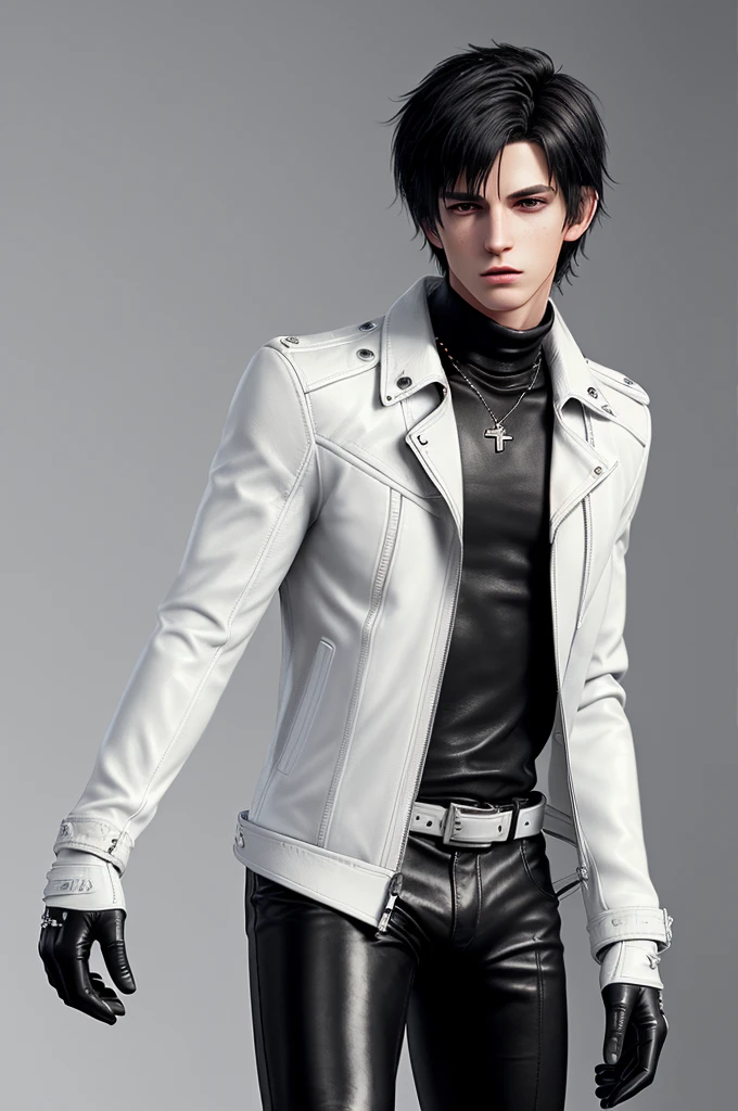 Final fantasy taste and reality graphics, Japanese young cute and cool ikemen  boy, his age is early 20s, thin eyebrows and beady eyes,  ((he wearing off white color leather  thick material jacket)), ((jacket is singlebrest)), biker style jacket, with epaulet, jacket is long sleeve, ((must close the front of the leather jacket)), , ((voluminous leather jacket)), ,((must jacket is high length and stand-up collar)) ((jacket collar with two belts)), ((jacket is a little black color line pattern)),((close the front of the jacket)), ((also wearing black thick material turtleneck lackluster shirts)),  ((tight black leather pants)),  (( black leather tight and thin gloves)), ((black leather knee-high raceup boots)),((must views  head-to-toe)),((must views whole body)), ,((Do not show skin from the neck down)),leather jacket leather glove and leather pants have few wrinkles,boy in the prison room, Avoid showing your innerwear,zip up jacket fastner.
Boy touching owns private parts with right hand.
Bous face is expression of ecstasy.
Boy is black hair.boy looks like fashion model.