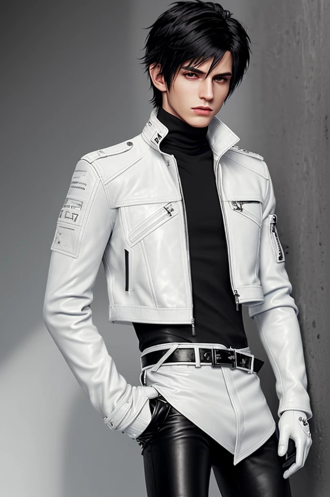 Final fantasy taste and reality graphics, Japanese young cute and cool ikemen  boy, his age is early 20s, thin eyebrows and beady eyes,  ((he wearing off white color leather  thick material jacket)), ((jacket is singlebrest)), biker style jacket, with epaulet, jacket is long sleeve, ((must close the front of the leather jacket)), , ((voluminous leather jacket)), ,((must jacket is high length and stand-up collar)) ((jacket collar with two belts)), ((jacket is a little black color line pattern)),((close the front of the jacket)), ((also wearing black thick material turtleneck lackluster shirts)),  ((tight black leather pants)),  ((black leather tight and thin glove)), ((black leather knee-high raceup boots)),((must views  head-to-toe)),((must views whole body)), ,((Do not show skin from the neck down)),leather jacket leather glove and leather pants have few wrinkles, Avoid showing your innerwear,zip up jacket fastner.must put on a leather glove.
Bous face is expression of ecstasy.
Boy is black hair.boy looks like fashion model.
((Boy gagged wrap mouth)) 