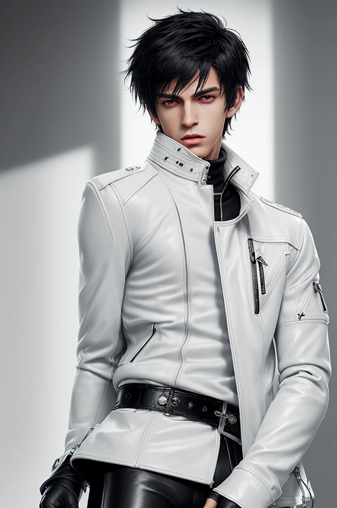 Final fantasy taste and reality graphics, Japanese young cute and cool ikemen boy, his age is early 20s, thin eyebrows and beady eyes, ((he wearing off white color leather thick material jacket)), ((jacket is singlebrest)), biker style jacket, with epaulet, jacket is long sleeve, ((must close the front of the leather jacket)), , ((voluminous leather jacket)), ,((must jacket is high length and stand-up collar)) ((jacket collar with two belts)), ((jacket is a little black color line pattern)),((close the front of the jacket)), ((also wearing black thick material turtleneck lackluster shirts)), ((tight black leather pants)), (( black leather tight and thin gloves)), ((black leather knee-high raceup boots)),((must views head-to-toe)),((must views whole body)), ,((Do not show skin from the neck down)),leather jacket leather glove and leather pants have few wrinkles,boy in the prison room, Avoid showing your innerwear,zip up jacket fastner.
Boy touching owns private parts with right hand.
Bous face is expression of ecstasy.
Boy is black hair.boy looks like fashion model.