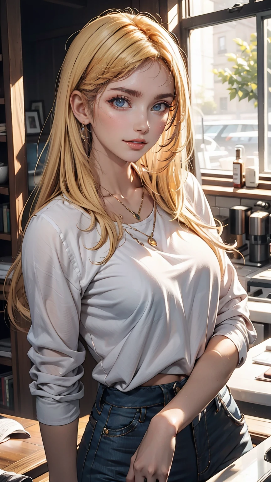 19-year-old female、Her hair color is blonde.、Eye color: blue、Medium hair straight hair、I&#39;m wearing eyeshadow and lipstick、Slender but well-proportioned, slim and muscular body、smile、Big Breasts、Wearing accessories on the wrist、Wearing a jacket、I can see my belly button、My abs are ripped、She is wearing low-rise, undamaged hot pants.、I&#39;m wearing high heels、smile、Looking to the side、My chest is popping out、smile、I&#39;m wearing leg warmers