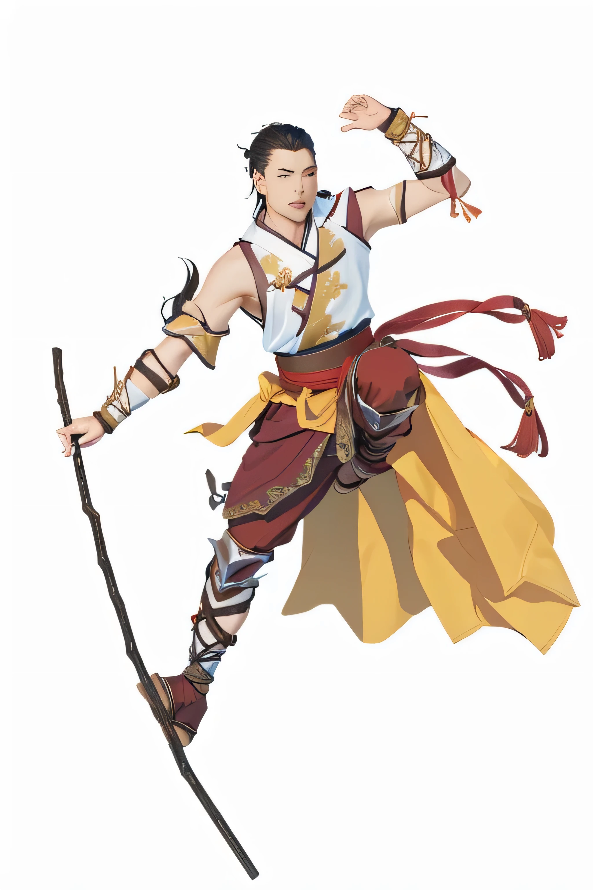 There is a man in costume holding a stick, Photo of an adult male warrior, warrior dnd character, Fantasy 3D&d character, dnd character, d & d Fantasy Character, as a dnd character, dnd Fantasy Character, A human male paladin, rpg character, d&d character, d & d character, Samurai character design, dungeons and dragons character,Chinese style martial arts fairy tale costume