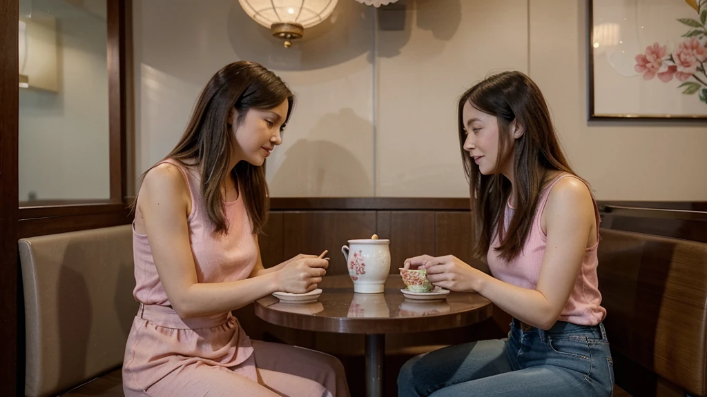 watercolor, A woman around 35 years old, with medium-length hair, wearing a pink top and jeans, is sitting across from a 20-year-old woman with medium-length hair, wearing a dress. They are at a Chinese congee shop, each eating a bowl of congee, and engaged in a deep conversation. watercolor 