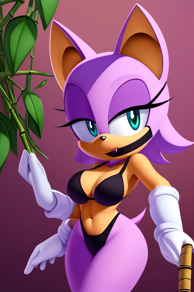 work of art, (very short black bikini), alluring face, good lighting, neckleace, fine-details, work of art, radiant eyes, gag, bamboo, Rouge the bat, alone, wisteria background, work of art, maximum quality, complete body, waist long, so sexy, detailed hands and fingers