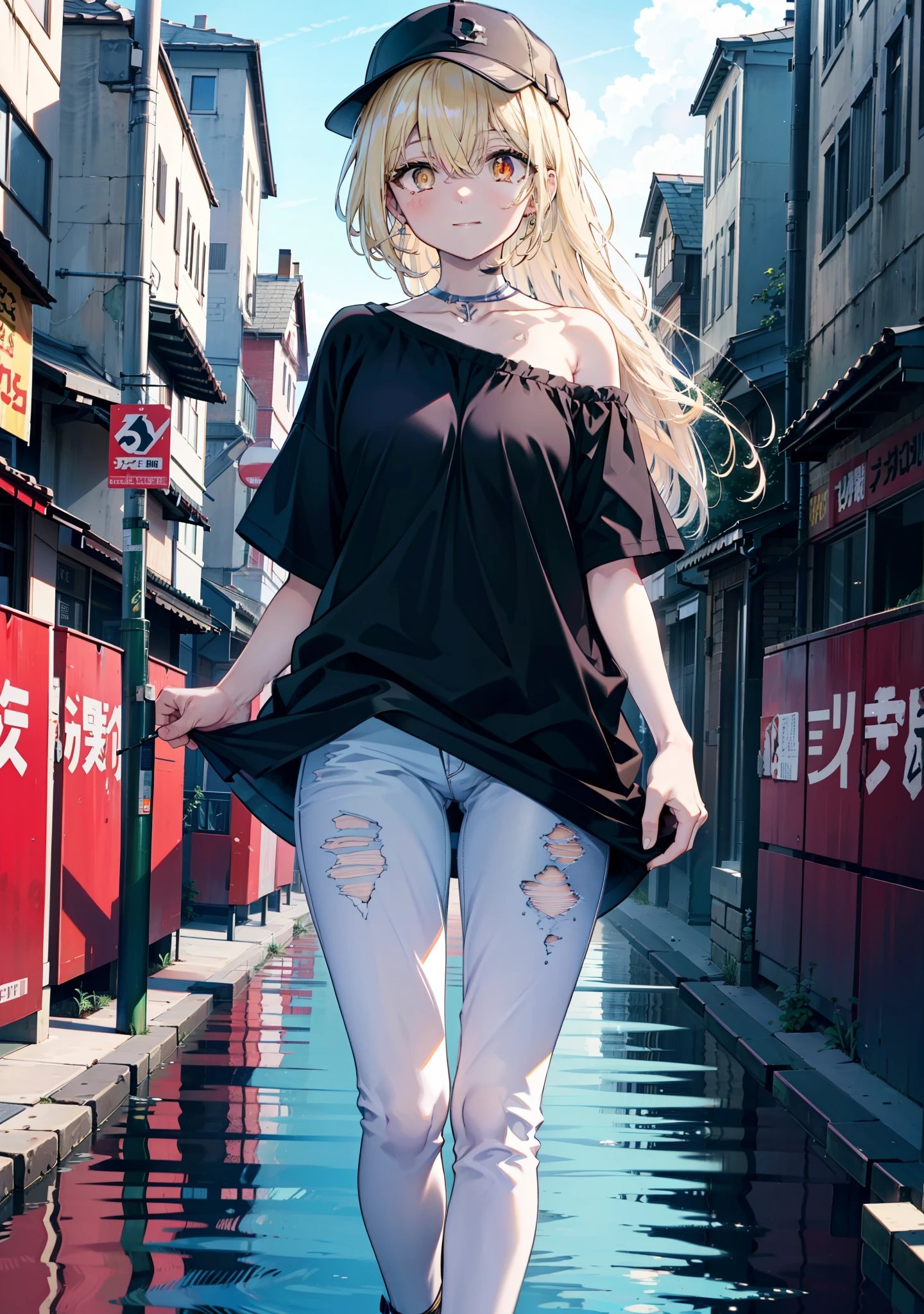 アイスWallenstein, Wallenstein, blonde, Hair between the eyes, Baseball hats, Long Hair, (Yellow Eyes:1.5),happy smile, smile, Shut your mouth.,smile,blush,Bare neck,Heart Necklace,Oversized blue one-shoulder shirt,Short sleeve,Skinny jeans,Stiletto heels,whole bodyがイラストに入るように,Walking,Daytime,Clear skies,　　　　　　　　　　　　　break looking at viewer,whole body, (Cowboy Shot:1. 5)　　　　　　　　　　break outdoors,Building district, 　　　　　　　　　　　break (masterpiece:1.2), Highest quality, High resolution, unity 8k wallpaper, (shape:0.8), (Beautiful and beautiful eyes:1.6), Highly detailed face, Perfect lighting, Extremely detailed CG, (Perfect hands, Perfect Anatomy),