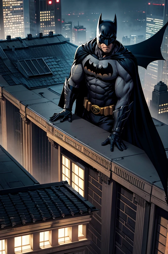 Batman on his back, on top of a building in Gotham City, long black cape.