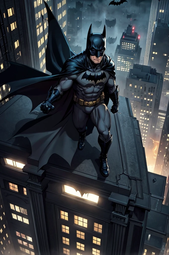 Batman on his back, on top of a building in Gotham City, long black cape.