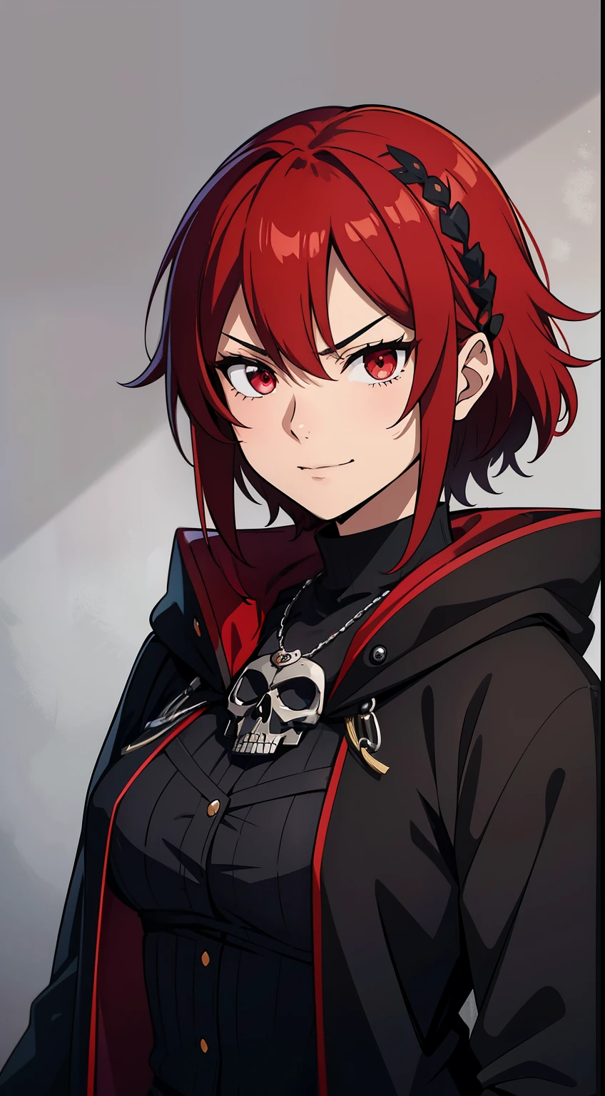 (high-quality, breathtaking),(expressive eyes, perfect face) 1girl, female, solo, Symmetrical Eyes, teenager, red color hair, red eye color, short hair length, spiky hair, soft expression, floral crown wreath, ribbons in hair, black turtle neck shirt, hooded long sleeved black cloak, black lace shirt, hair short at the back and longer bangs at the front, gothic inspired, Skull Broch, grim reaper inspiration, pocket watch, magic fantasy attire, adventurer attire, headshot, zoomed out, portrait, Tomohiro Kai Art Style, Tomo Aizawa, narrow eyes, mature face, grey background, confident smirk, villain vibe,
