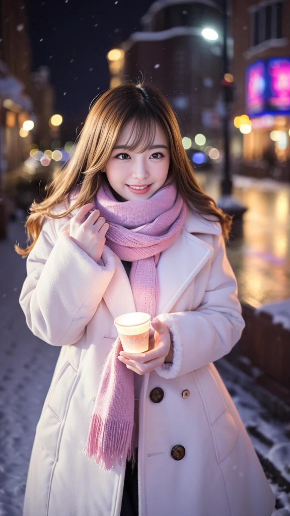 (Highest quality、masterpiece、8k、Best image quality、Hyperrealism、Award-winning works)、1 girl、(Elegant fur coat:1.1)、(The perfect pink scarf:1.1)、Soft and delicate light、Dramatic lighting、Romantic snowy night city、Romantic Christmas illuminations、Beautiful night view of a snowy city、The biggest smile looks at me、Sparkling fine snow、Beautiful snow reflecting light、Diamond dust、(Tyndall effect:1.1)、Beautiful snowy scenery、(that'it's snowing:1.1)、(Snow in the hair:1.1)、Accurate anatomy、(Face close-up:1.1)、Beautiful glossy lipstick, Natural Color、Natural Makeup、Glossy Lips、Ultra HD glossy skin、ultra high definition radiation, Beautiful Skin、Milky white moisturized skin、Beautiful Skin glow、超高精細のGlossy Lips、Ultra-high definition sparkling eyes、Beautiful perfect teeth in super high resolution、Please smile widely and show your beautiful teeth.