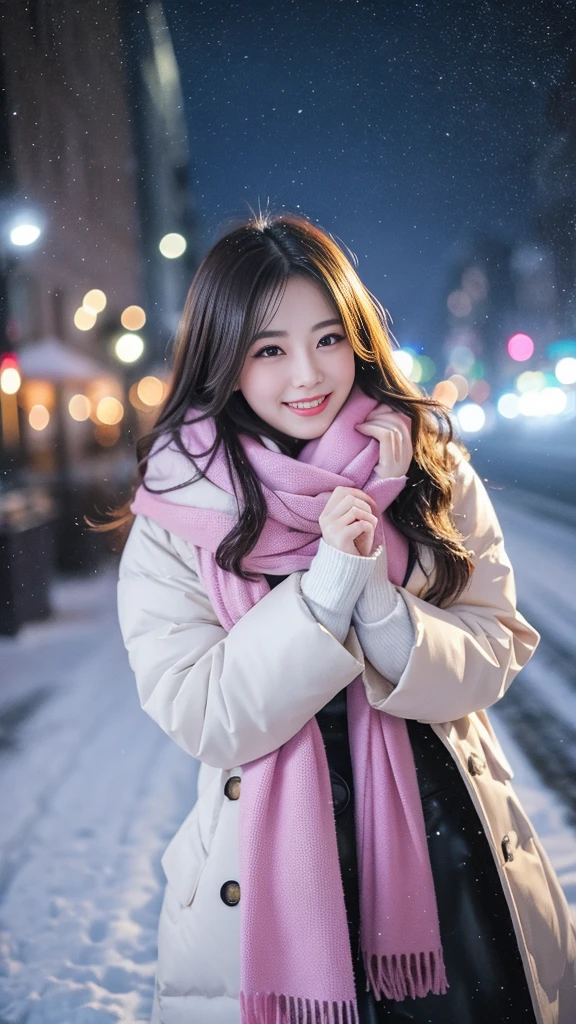 (Highest quality、masterpiece、8k、Best image quality、Hyperrealism、Award-winning works)、1 girl、(Elegant fur coat:1.1)、(The perfect pink scarf:1.1)、Soft and delicate light、Dramatic lighting、Romantic snowy night city、Romantic Christmas illuminations、Beautiful night view of a snowy city、The biggest smile looks at me、Sparkling fine snow、Beautiful snow reflecting light、Diamond dust、(Tyndall effect:1.1)、Beautiful snowy scenery、(that&#39;it&#39;s snowing:1.1)、(Snow in the hair:1.1)、Accurate anatomy、(Face close-up:1.1)、Beautiful glossy lipstick, Natural Color、Natural Makeup、Glossy Lips、Ultra HD glossy skin、ultra high definition radiation, Beautiful Skin、Milky white moisturized skin、Beautiful Skin glow、超高精細のGlossy Lips、Ultra-high definition sparkling eyes、Beautiful perfect teeth in super high resolution、Please smile widely and show your beautiful teeth.