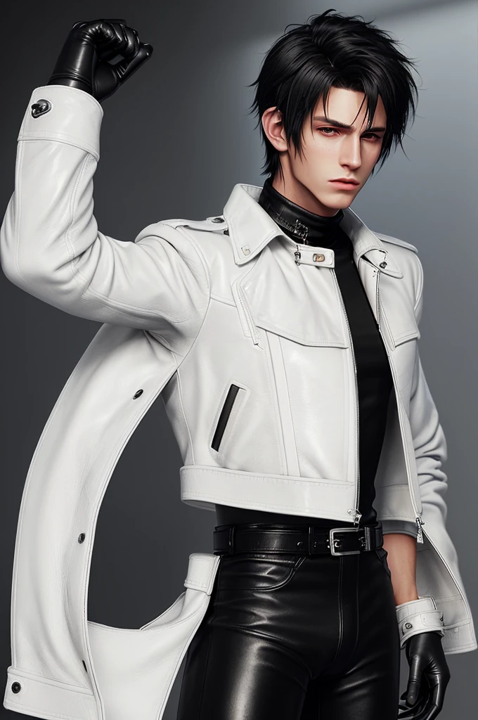 Final fantasy taste and reality graphics, Japanese young cute and cool ikemen  boy, his age is early 20s, thin eyebrows and beady eyes,  ((he wearing off white color leather  thick material jacket)), ((jacket is singlebrest)), biker style jacket, with epaulet, jacket is long sleeve, ((must close the front of the leather jacket)), , ((voluminous leather jacket)), ,((must jacket is high length and stand-up collar)) ((jacket collar with two belts)), ((jacket is a little black color line pattern)),((close the front of the jacket)), ((also wearing black thick material turtleneck lackluster shirts)),  ((tight black leather pants)),  (( black leather tight and thin gloves)), ((black leather knee-high raceup boots)),((must views  head-to-toe)),((must views whole body)), ,((Do not show skin from the neck down)),leather jacket leather glove and leather pants have few wrinkles,boy in the prison room, Avoid showing your innerwear,zip up jacket fastner.
Boy touching owns private parts with right hand.
Bous face is expression of ecstasy.
Boy is black hair.boy looks like fashion model.