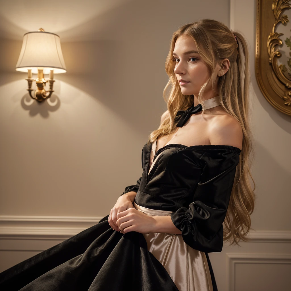Portrait-style photograph featuring a woman with long, wavy blonde hair, styled with a large black velvet bow. She is turned slightly away from the camera, showing her profile. Her skin is fair, and she is wearing an off-the-shoulder dress with a black bodice and large, pale pink satin bows on the sleeves. The background consists of a wall with elegant, gold-trimmed paneling, adding a touch of sophistication to the setting.