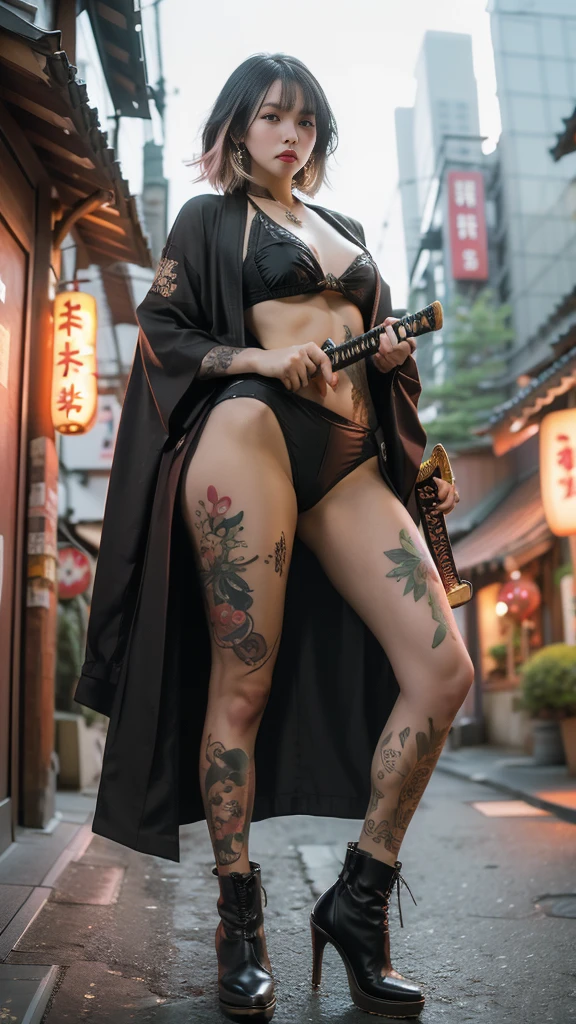 Beautiful Chinese woman, (), cute face, red lips, white moist skin, moles, under-eye bags,
BREAK,
Feminine body with high athletic ability, Body of a female fitness model, Feminine body with hard tones, (Muscles: 1.2), (Beautiful belly button),
BREAK,
Fighter, Kung Fu fighter, Idol,
BREAK,
(Wearing a cute kimono: 1.3), (Kimono with a high degree of exposure), (Stiletto heel boots 1.3), necklace, very large earrings, short length,
BREAK,
Short hair, (Short bob hair), (Bangs: 1.2), (Colorful hair: 1.3), (Wavy hair),
BREAK,
(Very large Japanese sword: 1.4), (Holding the handle of a Japanese sword: 1.3), (Raising a very large Japanese sword: 1.2), (Getting into a fighting stance), (Japanese sword with a beautiful blade: 1.2)
BREAK,
(Japanese tattoo: 1.4),
BREAK,
Masterpiece, Perfect lighting, Ultra high resolution, 8K, (Very detailed: 1.4), (From the front), Looking at the camera, Melancholic expression,
BREAK,
(Tokyo city, lots of people in the background: 1.2), Shibuya city background in Tokyo, Japan,