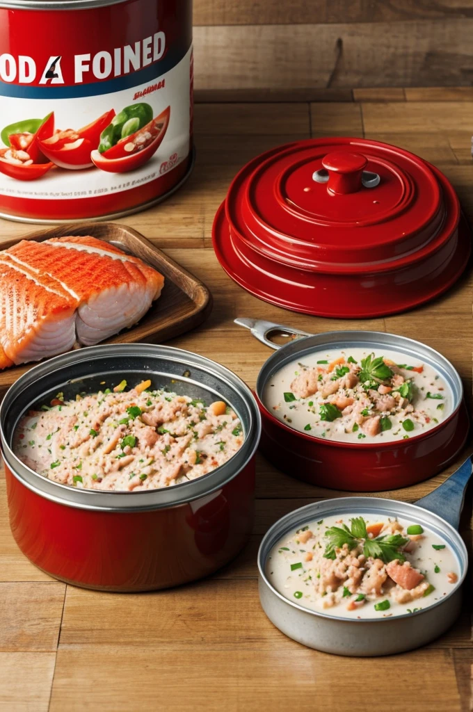 An advertisement for canned fish where the lid opens to reveal juicy fish with sauce. And the background will be red with cooking items placed on it.