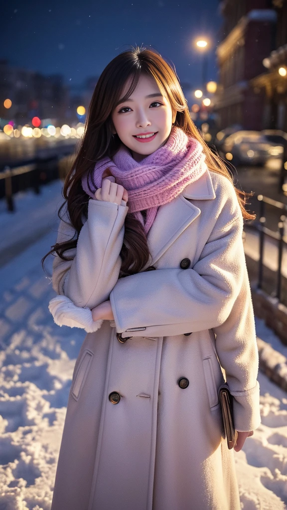 (Highest quality、masterpiece、8k、Best image quality、Hyperrealism、Award-winning works)、1 girl、(Elegant fur coat:1.1)、(The perfect pink scarf:1.1)、Soft and delicate light、Dramatic lighting、Romantic snowy night city、Romantic Christmas illuminations、Beautiful night view of a snowy city、The biggest smile looks at me、Sparkling fine snow、Beautiful snow reflecting light、Diamond dust、(Tyndall effect:1.1)、Beautiful snowy scenery、(that&#39;it&#39;s snowing:1.1)、(Snow in the hair:1.1)、Accurate anatomy、(Face close-up:1.1)、Beautiful glossy lipstick, Natural Color、Natural Makeup、Glossy Lips、Ultra HD glossy skin、ultra high definition radiation, Beautiful Skin、Milky white moisturized skin、Beautiful Skin glow、超高精細のGlossy Lips、Ultra-high definition sparkling eyes、Beautiful perfect teeth in super high resolution、Please smile widely and show your beautiful teeth.