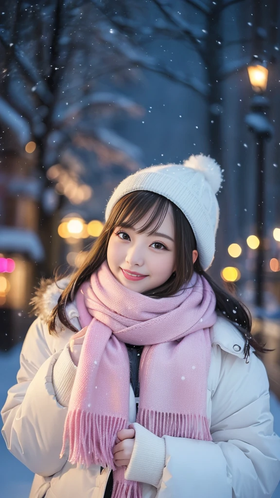 (Highest quality、masterpiece、8k、Best image quality、Hyperrealism、Award-winning works)、1 girl、(Elegant fur coat:1.1)、(The perfect pink scarf:1.1)、Soft and delicate light、Dramatic lighting、Romantic snowy night city、Romantic Christmas illuminations、Beautiful night view of a snowy city、The biggest smile looks at me、Sparkling fine snow、Beautiful snow reflecting light、Diamond dust、(Tyndall effect:1.1)、Beautiful snowy scenery、(that'it's snowing:1.1)、(Snow in the hair:1.1)、Accurate anatomy、(Face close-up:1.1)、Beautiful glossy lipstick, Natural Color、Natural Makeup、Glossy Lips、Ultra HD glossy skin、ultra high definition radiation, Beautiful Skin、Milky white moisturized skin、Beautiful Skin glow、超高精細のGlossy Lips、Ultra-high definition sparkling eyes、Beautiful perfect teeth in super high resolution、Please smile widely and show your beautiful teeth.