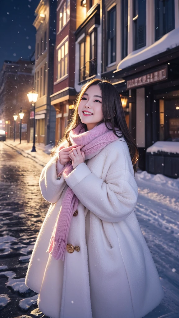 (Highest quality、masterpiece、8k、Best image quality、Hyperrealism、Award-winning works)、1 girl、(Elegant fur coat:1.1)、(The perfect pink scarf:1.1)、Soft and delicate light、Dramatic lighting、Romantic snowy night city、Romantic Christmas illuminations、Beautiful night view of a snowy city、The biggest smile looks at me、Sparkling fine snow、Beautiful snow reflecting light、Diamond dust、(Tyndall effect:1.1)、Beautiful snowy scenery、(that'it's snowing:1.1)、(Snow in the hair:1.1)、Accurate ???????、(Face close-up:1.1)、Beautiful glossy lipstick, Natural Color、Natural Makeup、Glossy Lips、Ultra HD glossy skin、ultra high definition radiation, Beautiful Skin、Milky white moisturized skin、Beautiful Skin glow、超高精細のGlossy Lips、Ultra-high definition sparkling eyes、Beautiful perfect teeth in super high resolution、Please smile widely and show your beautiful teeth.