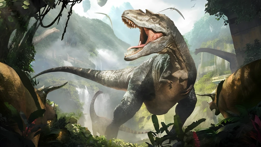 Deer in the jungle，There are waterfalls and cascades in the background, Jurassic images, from Jurassic World (2015), highly realistic concept art, realistic Ancient Art, Jurassic World, Ancient Art, author：Adam Malchinsky, Surrealist Concept Art, realistic photography Ancient Art, Weta Workshop concept art, carnivore dinosaur