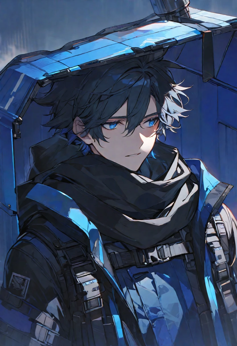 Alone, male, black fur, blue eyes, blue shelter, black scarf