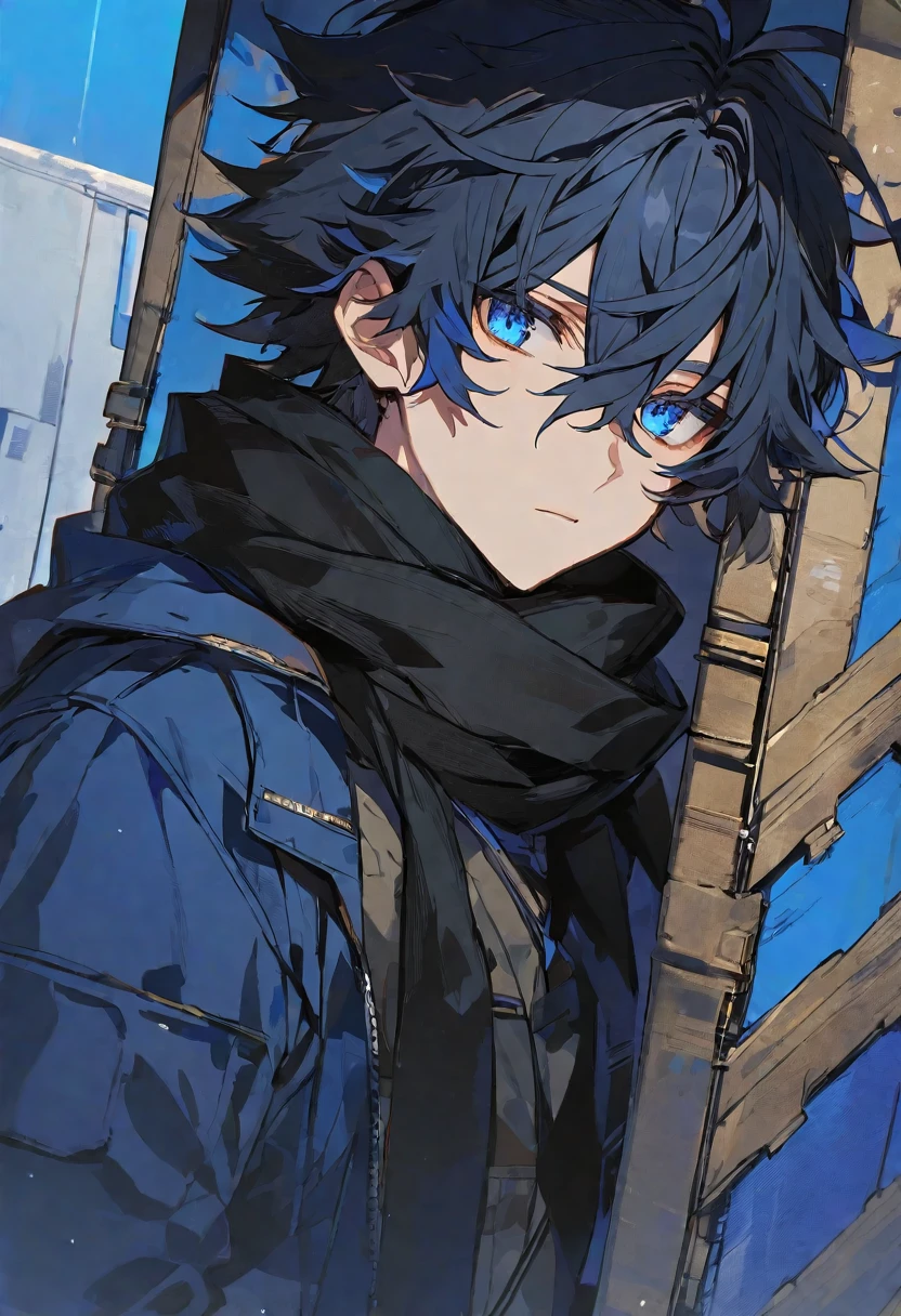 Alone, male, black fur, blue eyes, blue shelter, black scarf
