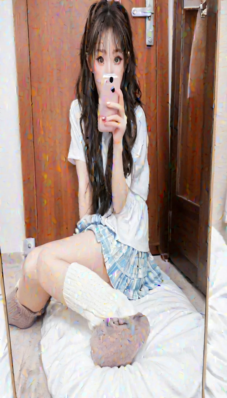 (Surrealism), (illustration), (high resolution), (8K), (Extremely detailed), (best illustration), (Beautiful and delicate eyes), (best quality), (Very detailed), (masterpiece), ( wallpaper), (Delicate face), solitary, 1 girl, White curly hair, Korean, Heterochromic Eyes, There is a small mole under the eye, Large Breasts, Long legs, Tight abdominal muscles, Dynamic poses, Sitting on the floor taking a selfie, wearing skirt and high socks, A pretty face with arms and legs, Anime girl squatting, Young cute girl, Sitting on the bed, Sitting on the bed, Wearing white clothes