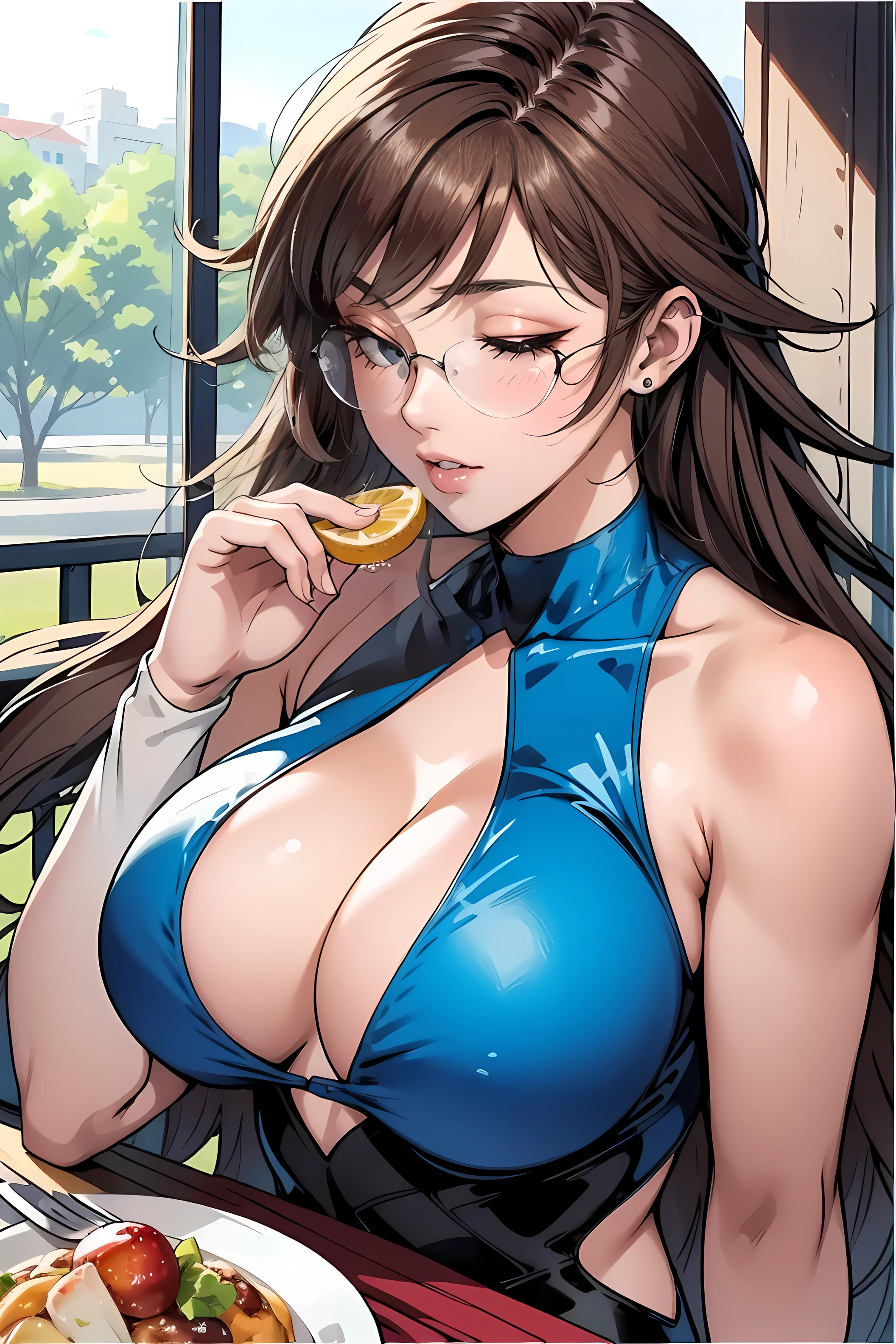 an image very anime looking anime of a young girl eating some food, 1girl, solo, glasses, breasts, long hair, brown hair, closed eyes, huge breasts