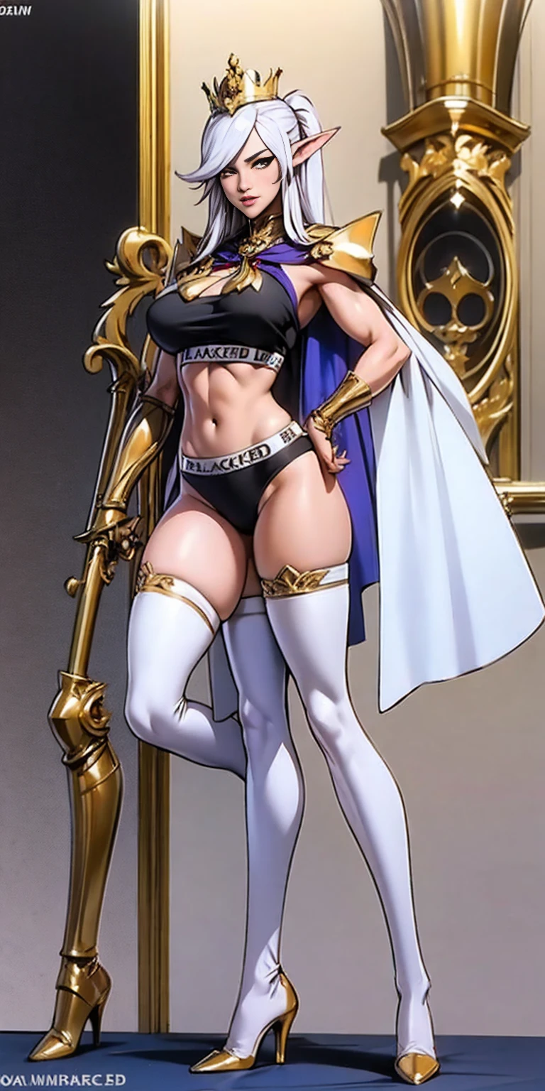 extremely long hair, ponytail, perfect anatomy 1 girl tall solo, slim thick ((muscular)) high elf full body toe to head toned body, silver breast plate, blue cape, slendered abs, hourglass waist, detailed face, defined cheekbones, puffy lips, gauntlets, gold crown, shadow over eyes, looking at viewer, masterpiece, white thigh highs lingerie, high heels